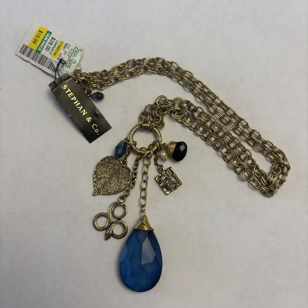 Stephan & Co. Gold Tone Multi-Charm Leaf & Blue Glass Teardrop Necklace NWT